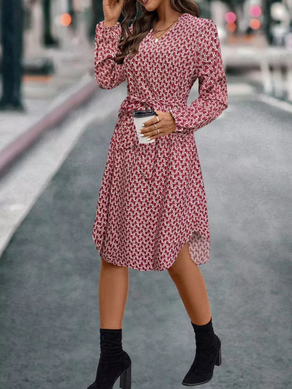 V-Neck Long Sleeve Printed Dress - Cerise