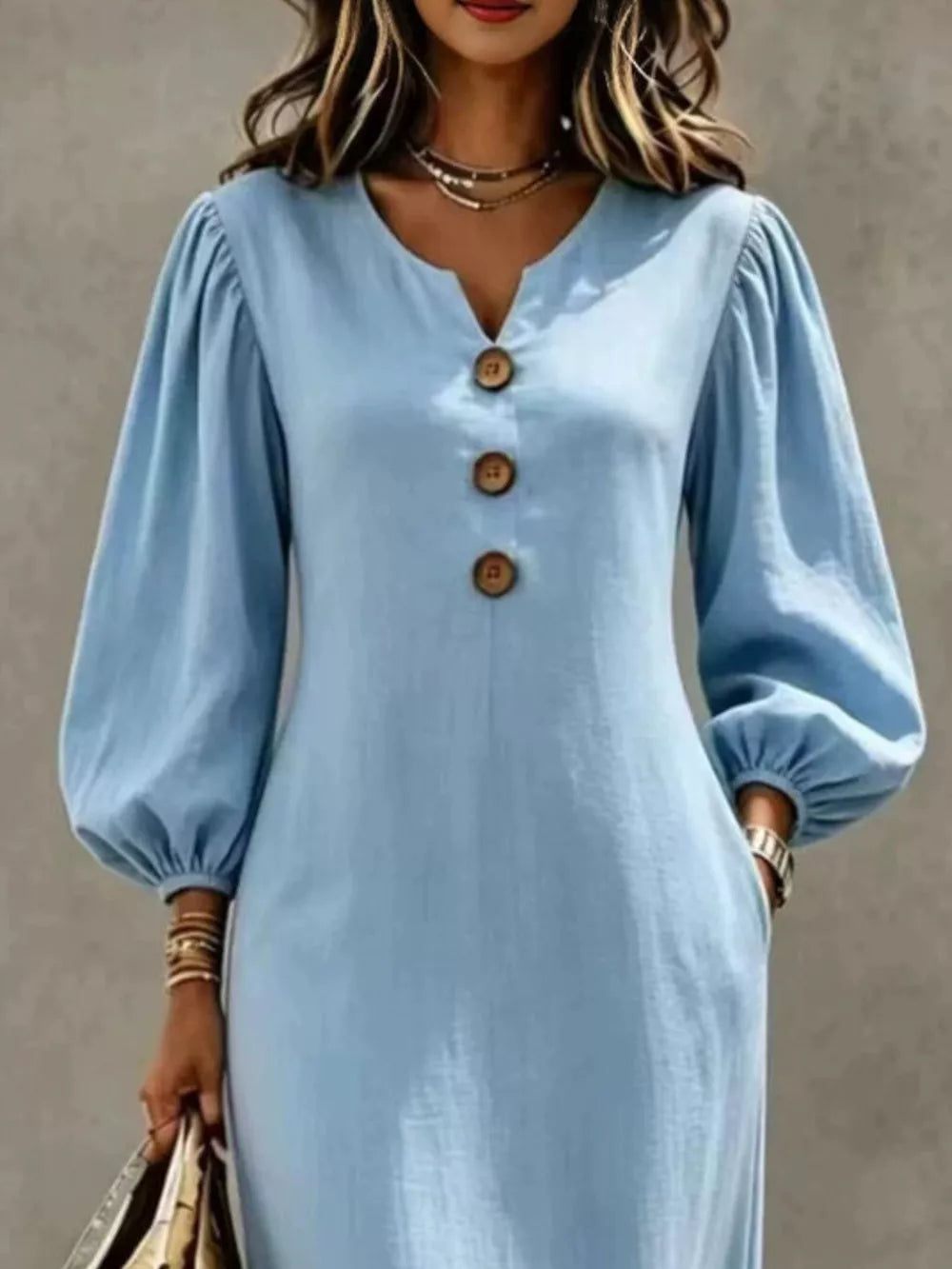 Decorative Button Balloon Sleeve Maxi Dress - Navy