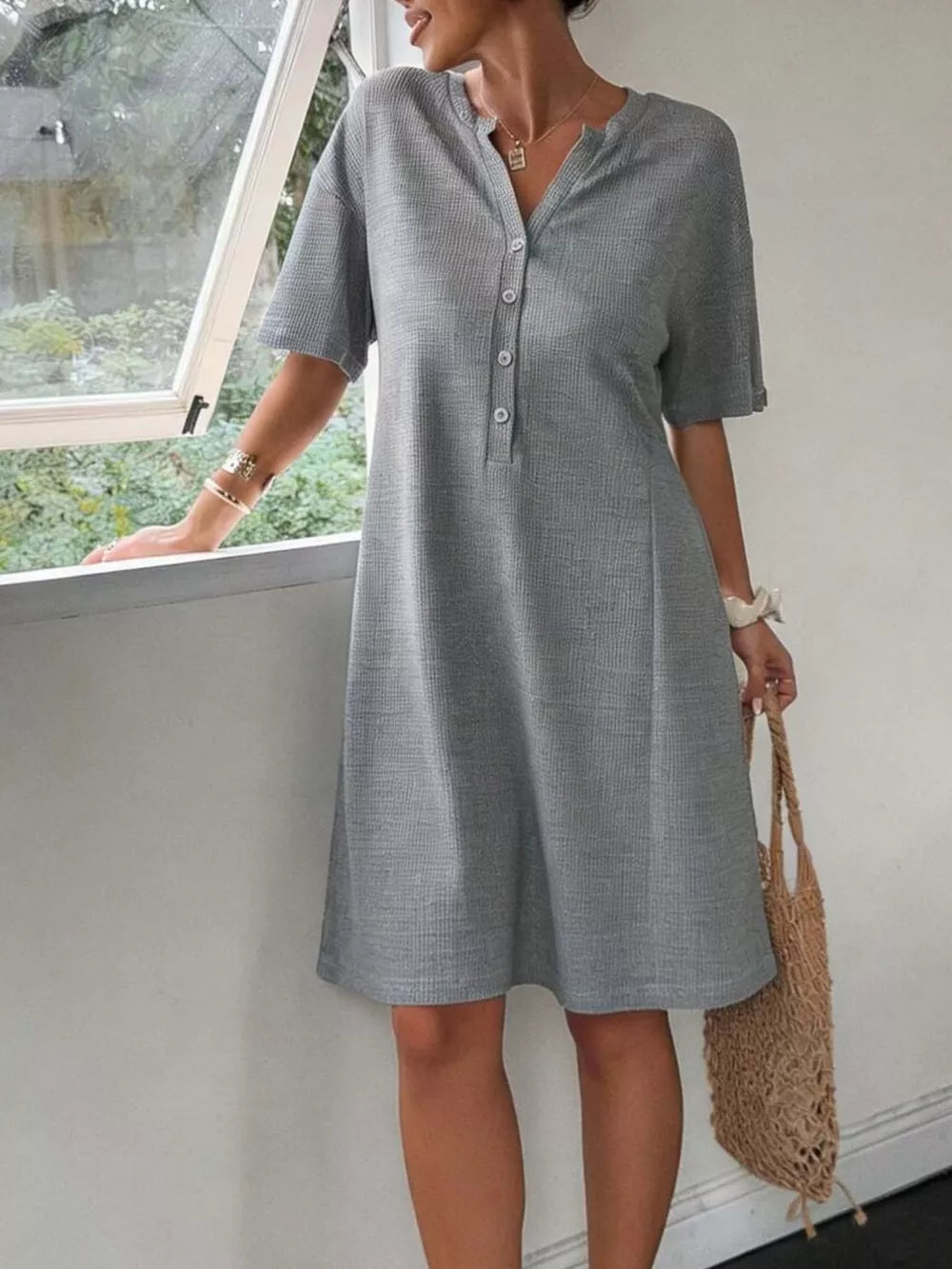 Button-Front Short Sleeve Dress - Grey