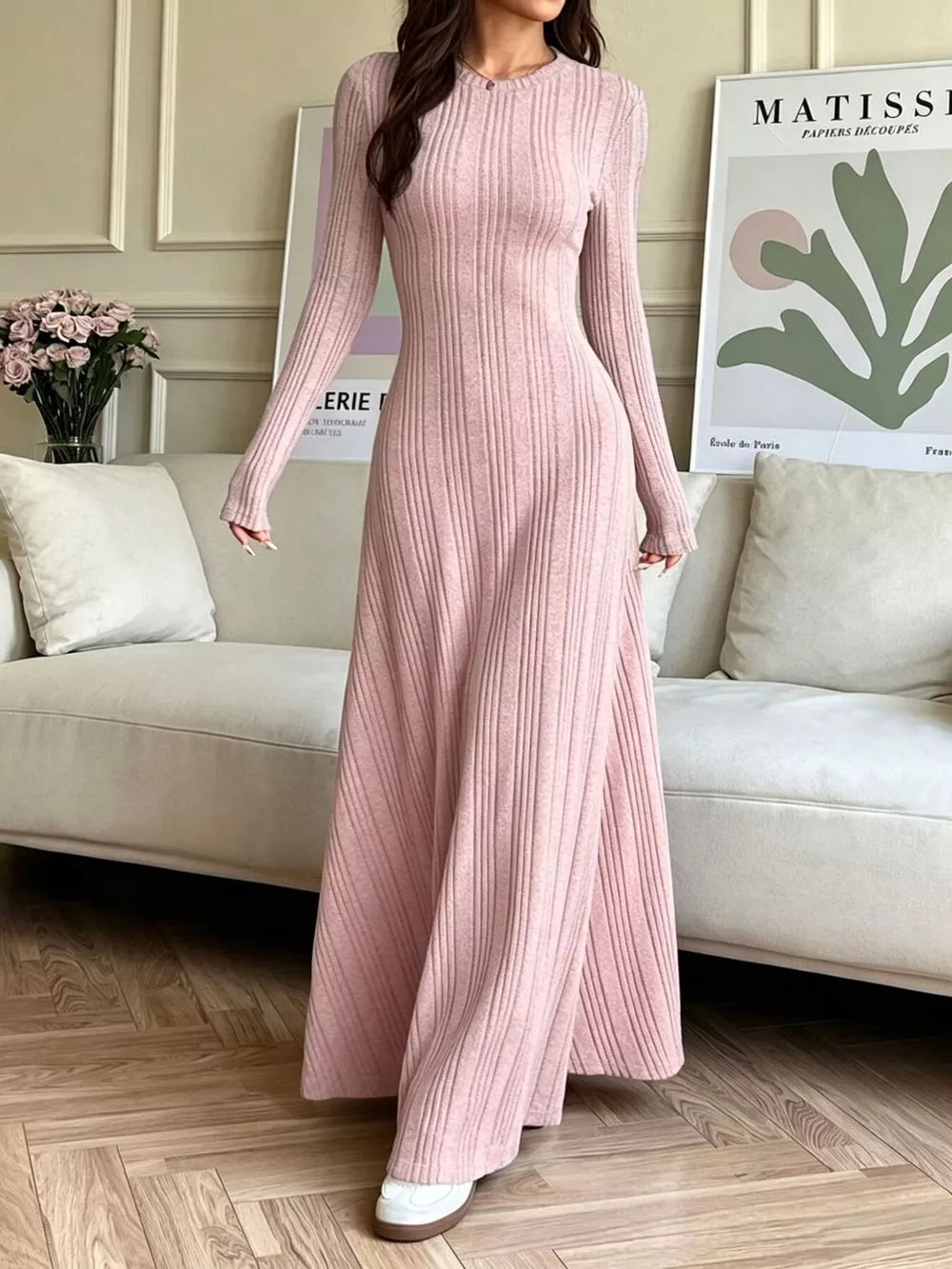 Long Sleeve Ribbed Knit Dress - Gray