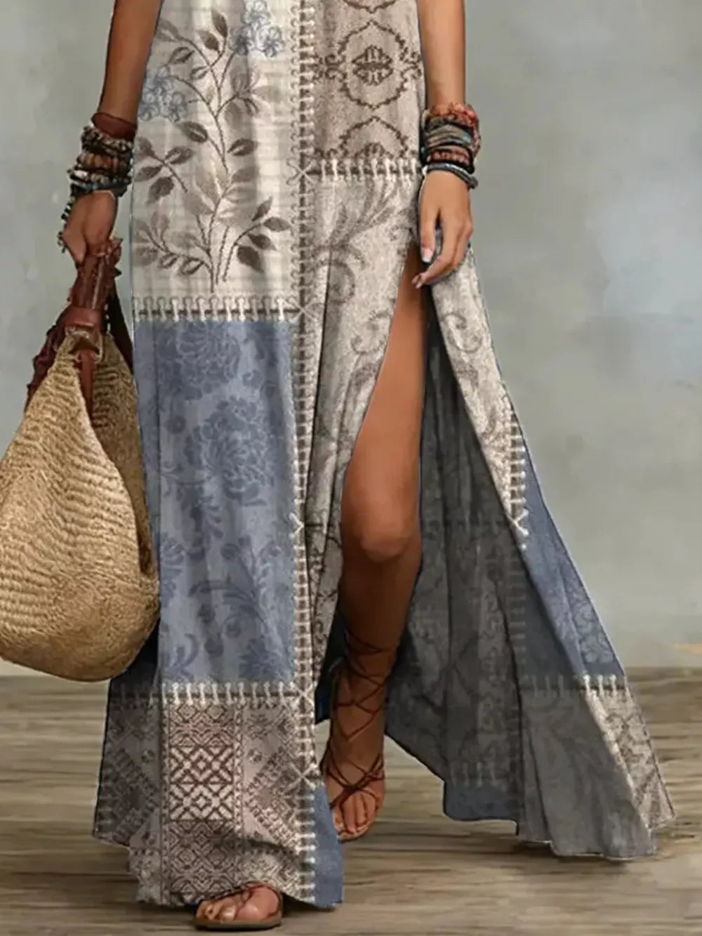 Slit Printed Sleeveless Maxi Dress - Dusty Blue