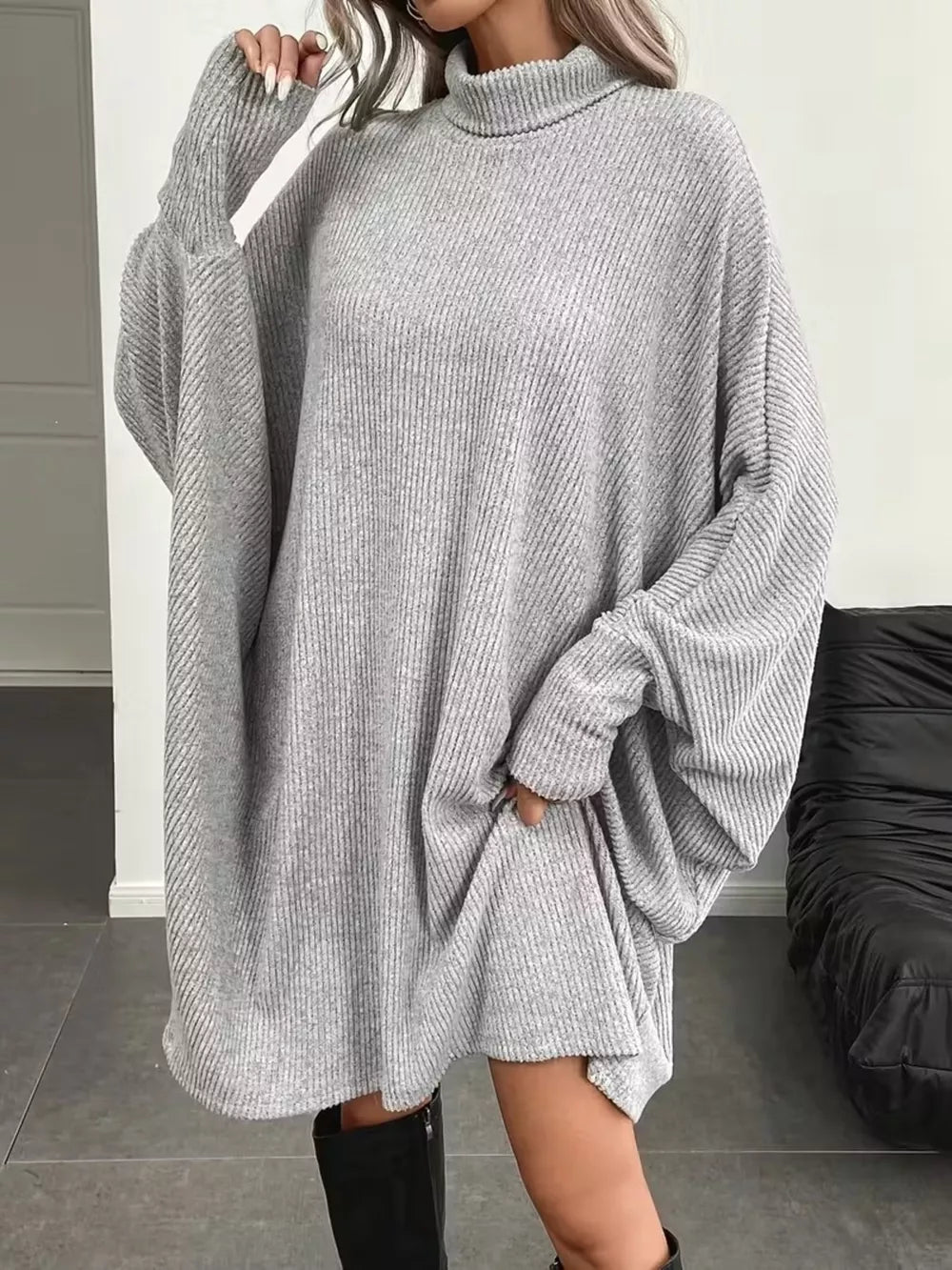 Oversized Batwing Sleeve Ribbed Knit Turtleneck Dress - Gray