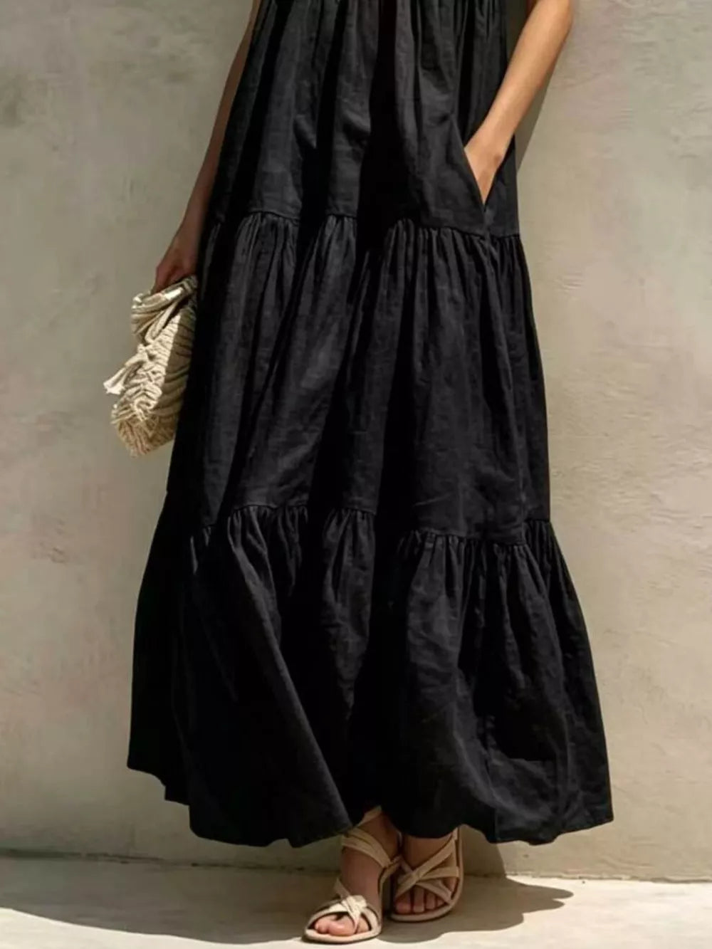 Tiered Scoop Neck Maxi Dress - Army Green