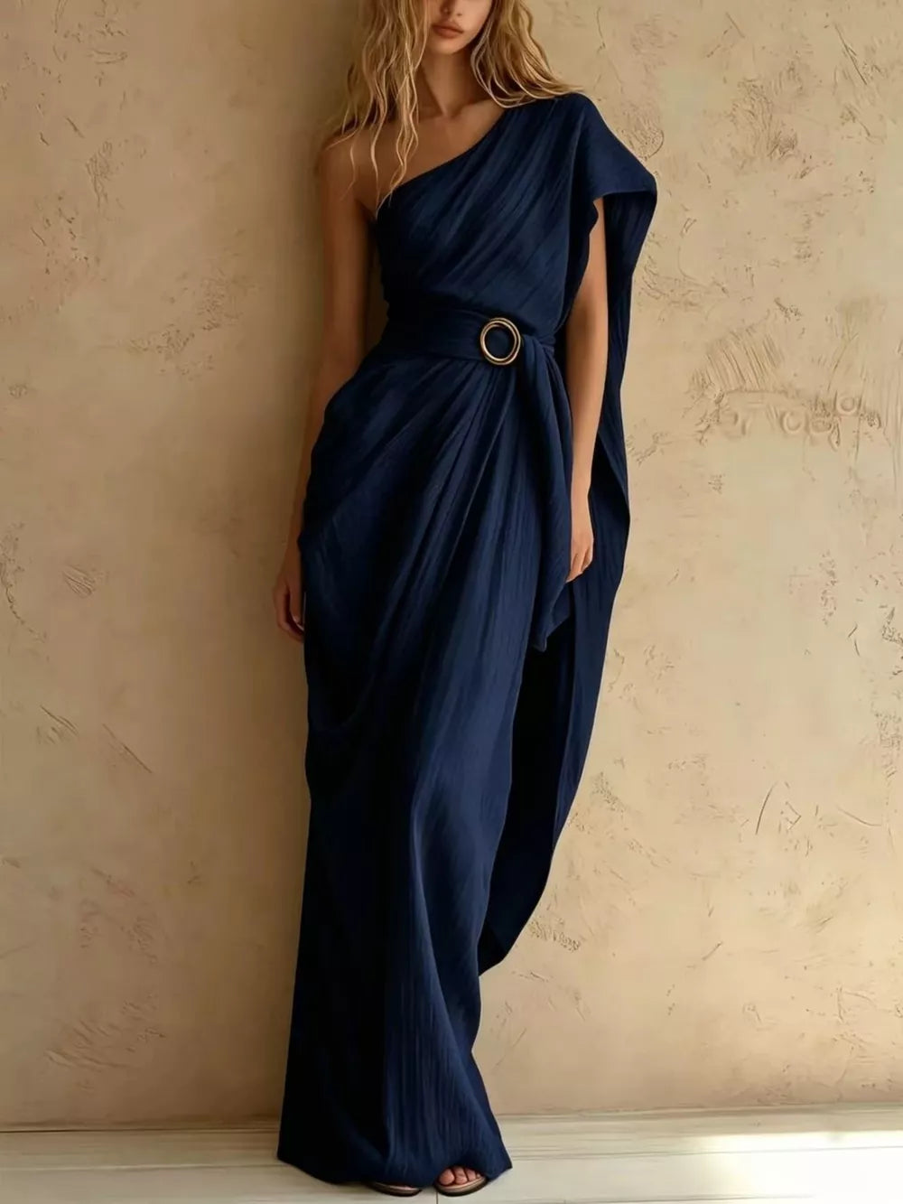 One-Shoulder Draped Maxi Dress with Waist Buckle - Black