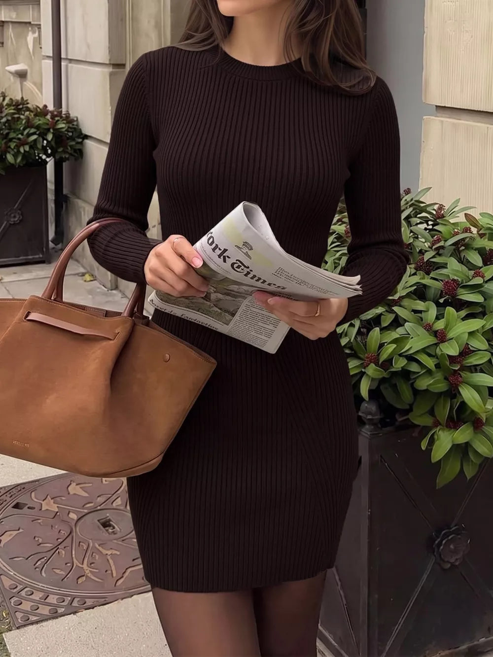Long Sleeve Ribbed Knit Dress - Brown