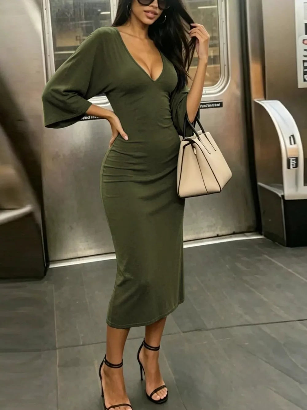 V-Neck Bodycon Midi Dress - Apricot