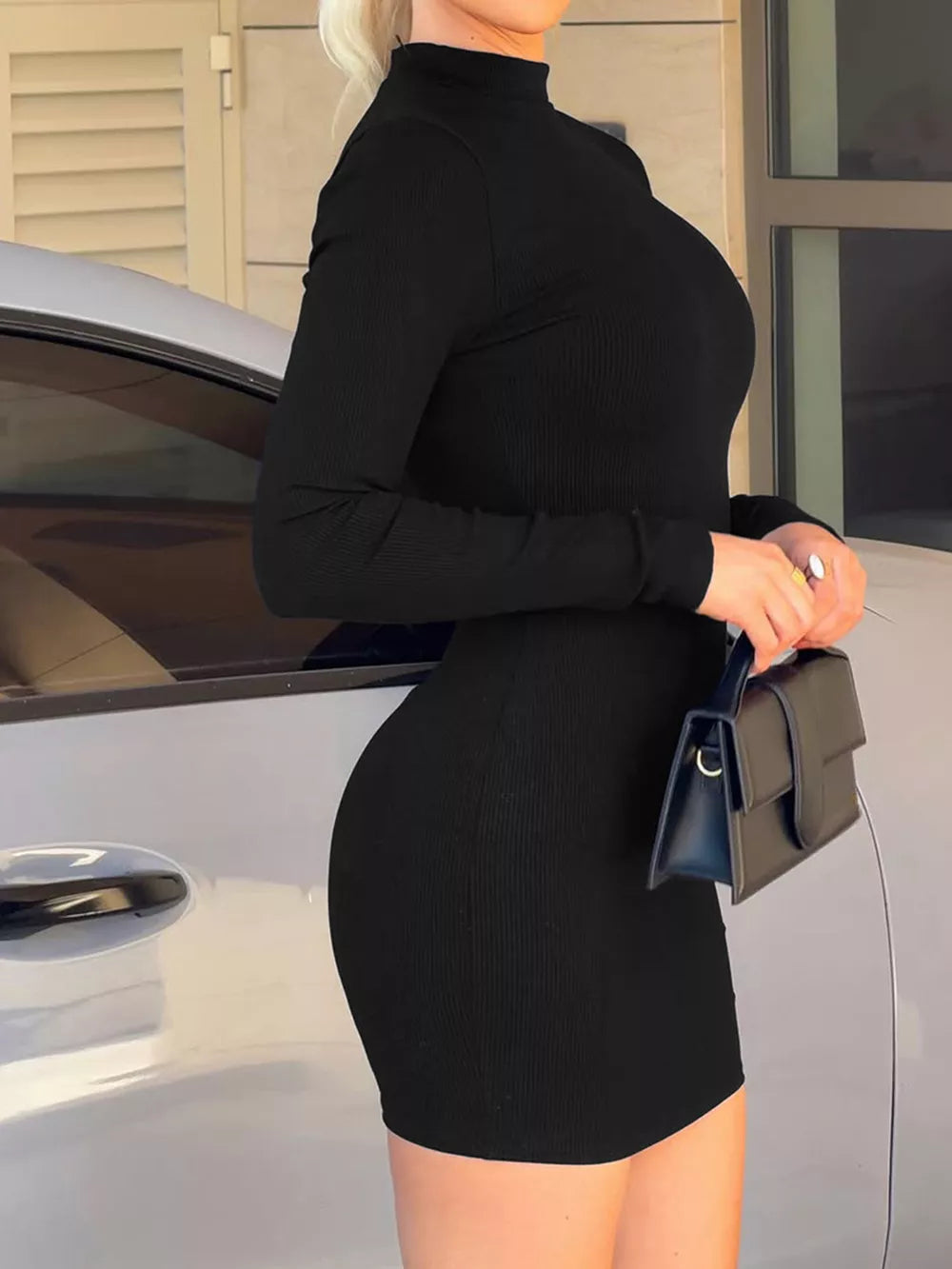 Mock Neck Ribbed Bodycon Knit Dress - Black