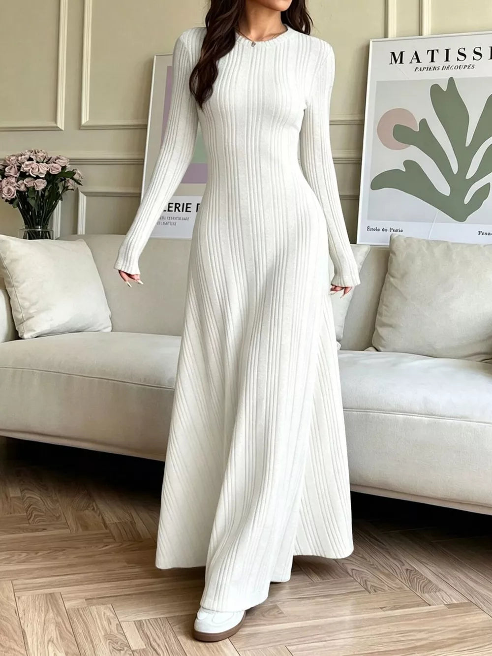 Long Sleeve Ribbed Knit Dress - Dusty Pink