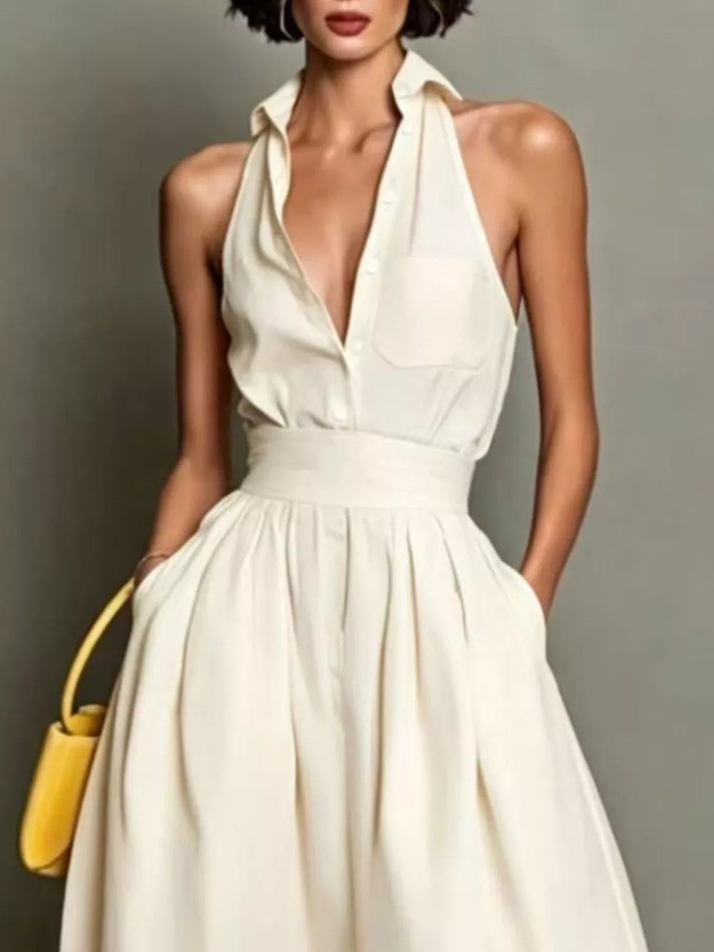 Sleeveless Collared A-Line Midi Dress - White