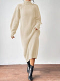 Turtleneck Ribbed Knit Midi Sweater Dress - Apricot