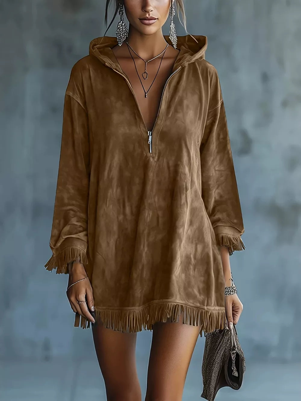 Full Size Hooded Fringed Half Zip Mini Dress Plus Size - Gray