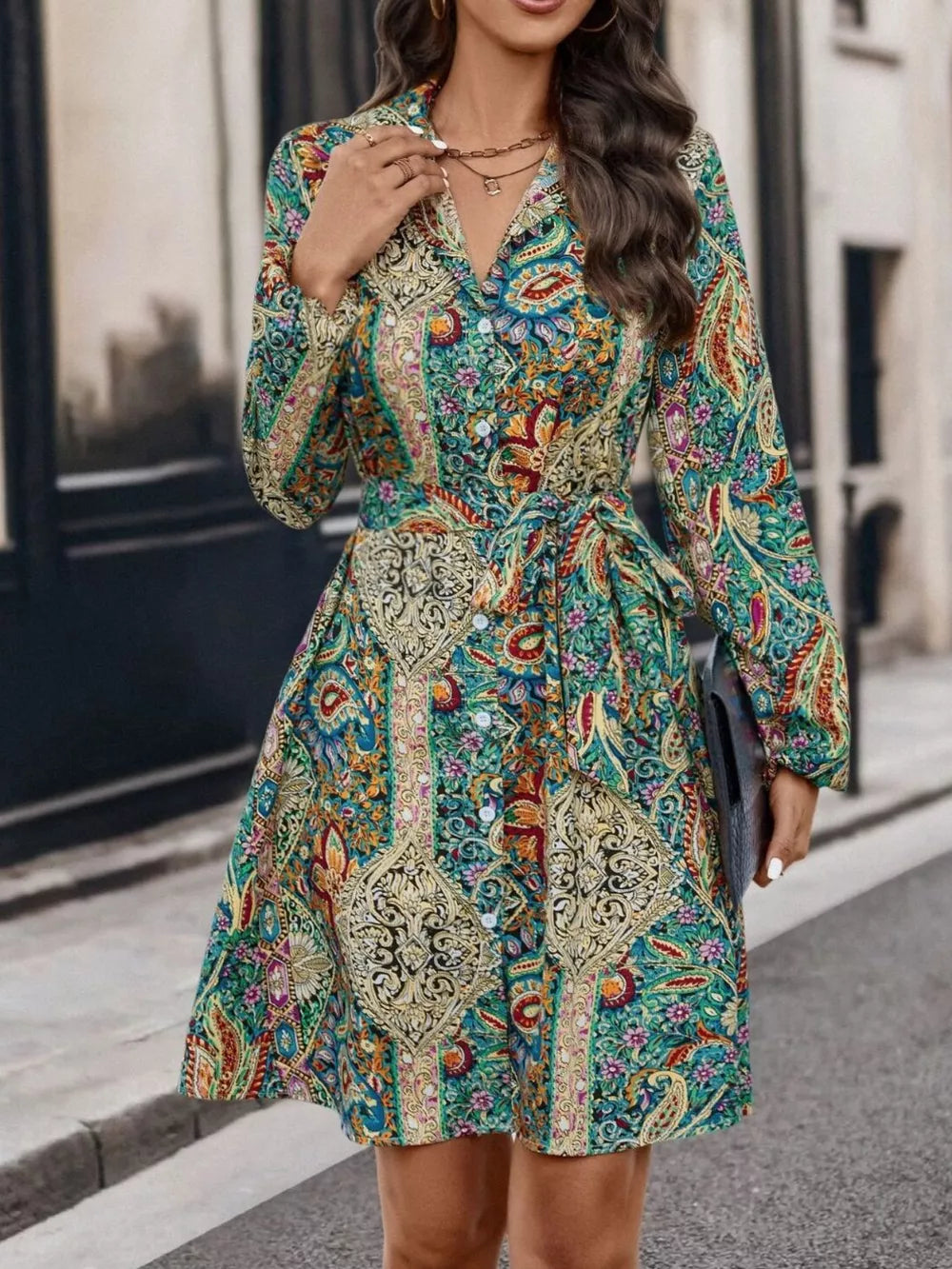 Paisley Print Button-Down Shirt Dress - Green