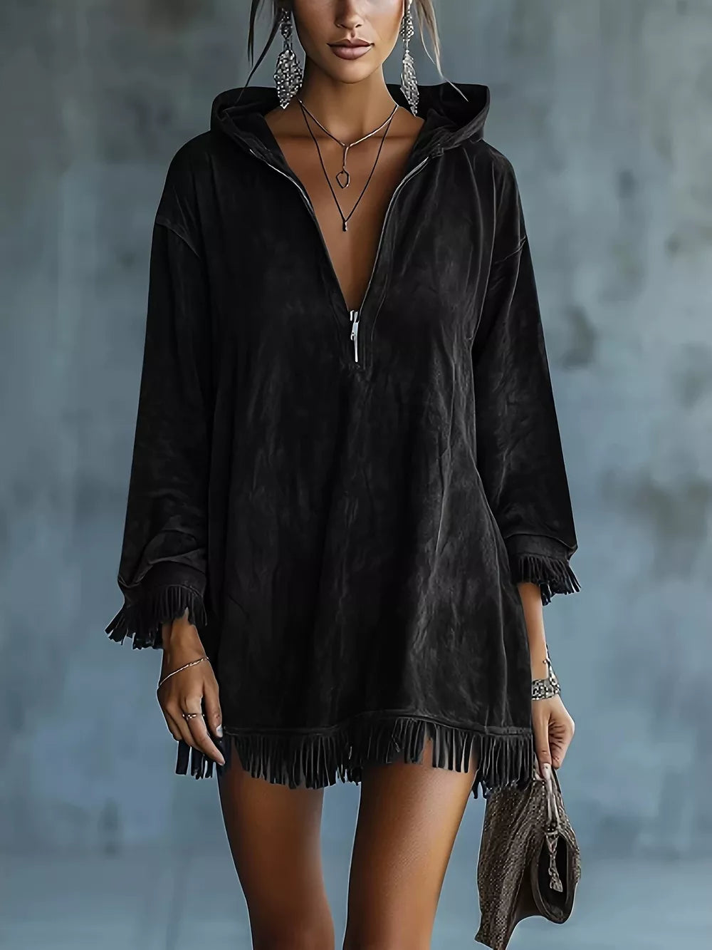 Full Size Hooded Fringed Half Zip Mini Dress Plus Size - Gray