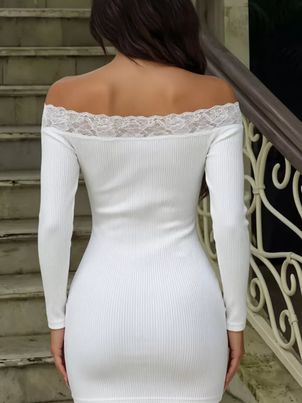 Lace Trim Off-Shoulder Bodycon Mini Dress - Off-white