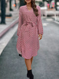V-Neck Long Sleeve Printed Dress - Cerise