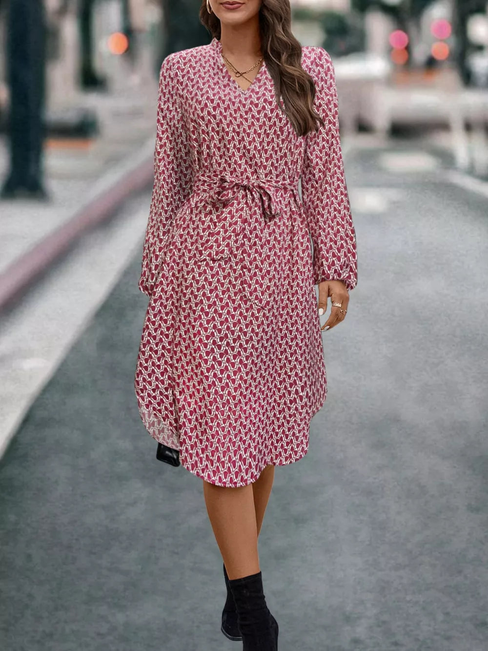 V-Neck Long Sleeve Printed Dress - Cerise