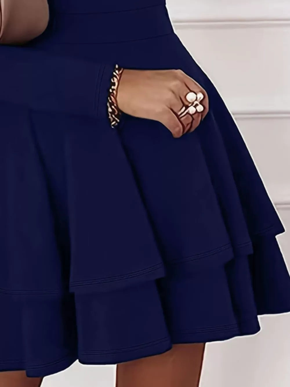 V-Neck Long Sleeve Layered Ruffle Mini Dress - Navy
