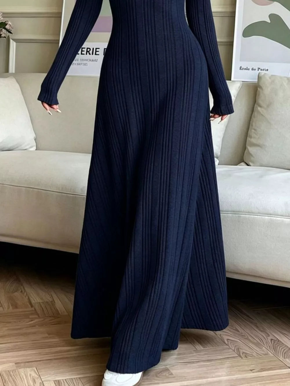 Long Sleeve Ribbed Knit Dress - White