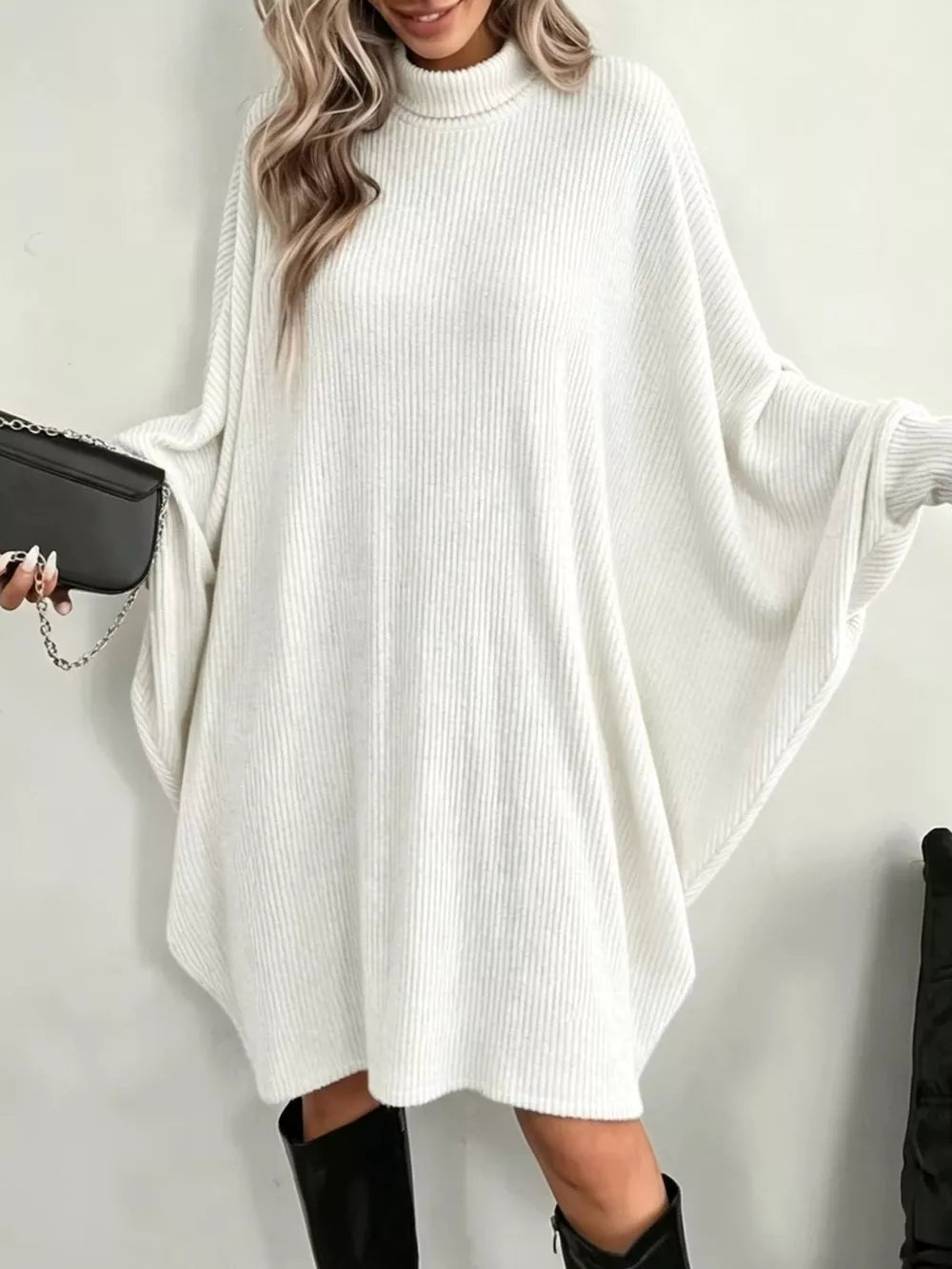 Oversized Batwing Sleeve Ribbed Knit Turtleneck Dress - Gray