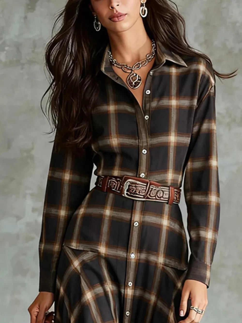 Plaid Button-Down Shirt Dress - Dark Brown
