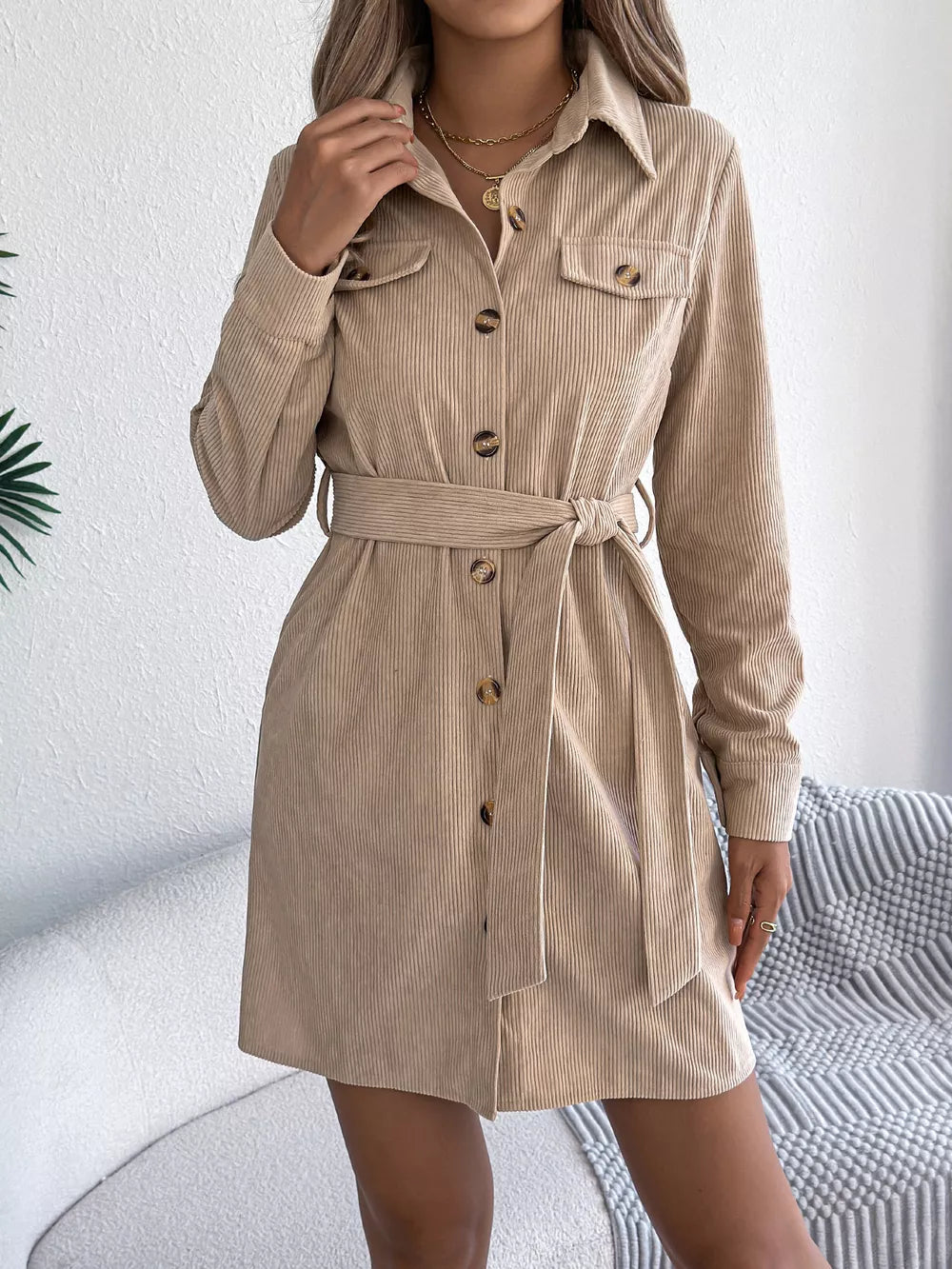 Corduroy Button-Down Shirt Dress - Khaki