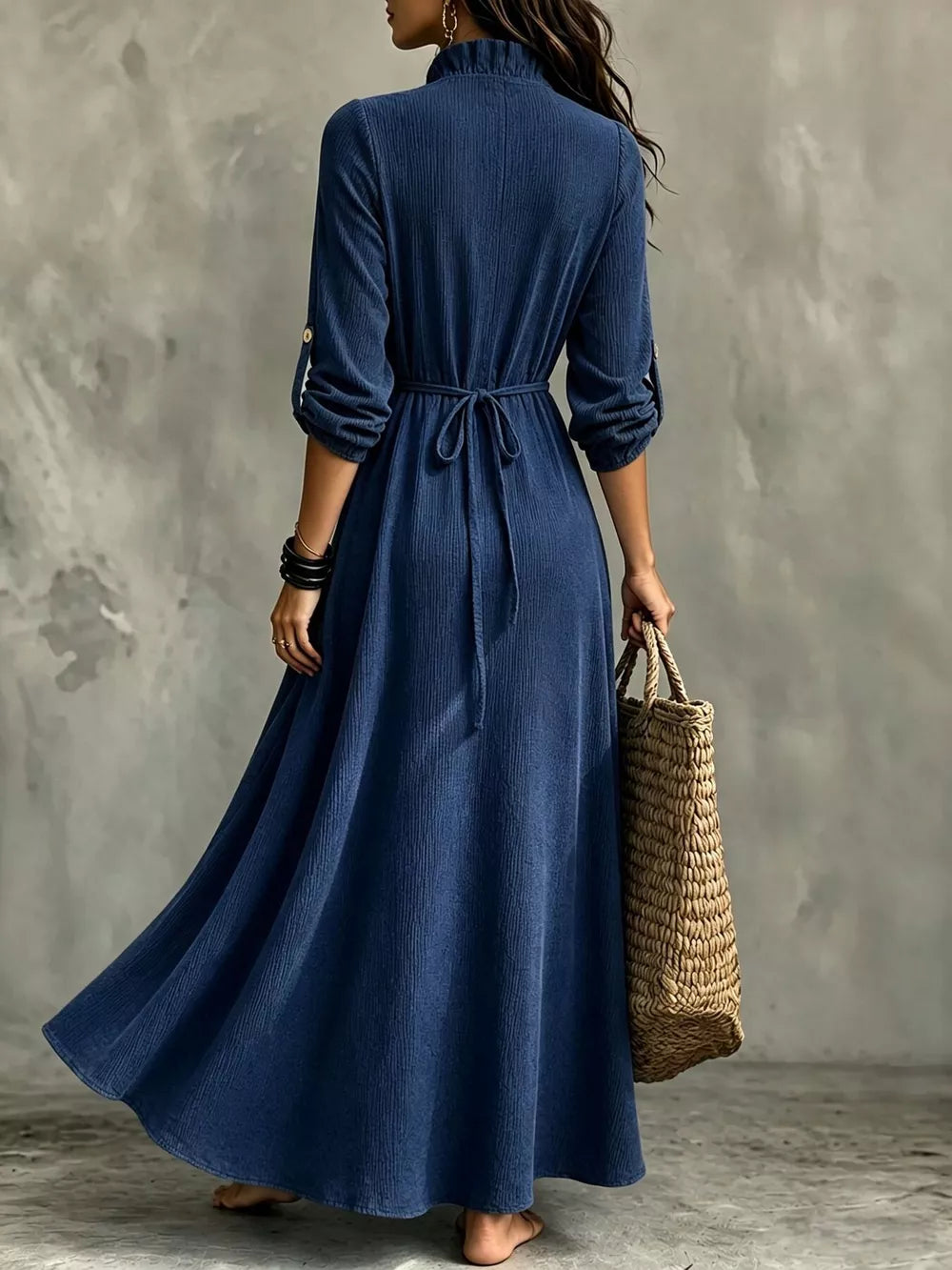 Full Size V-Neck Maxi Dress with Roll-Up Sleeves Plus Size - Black