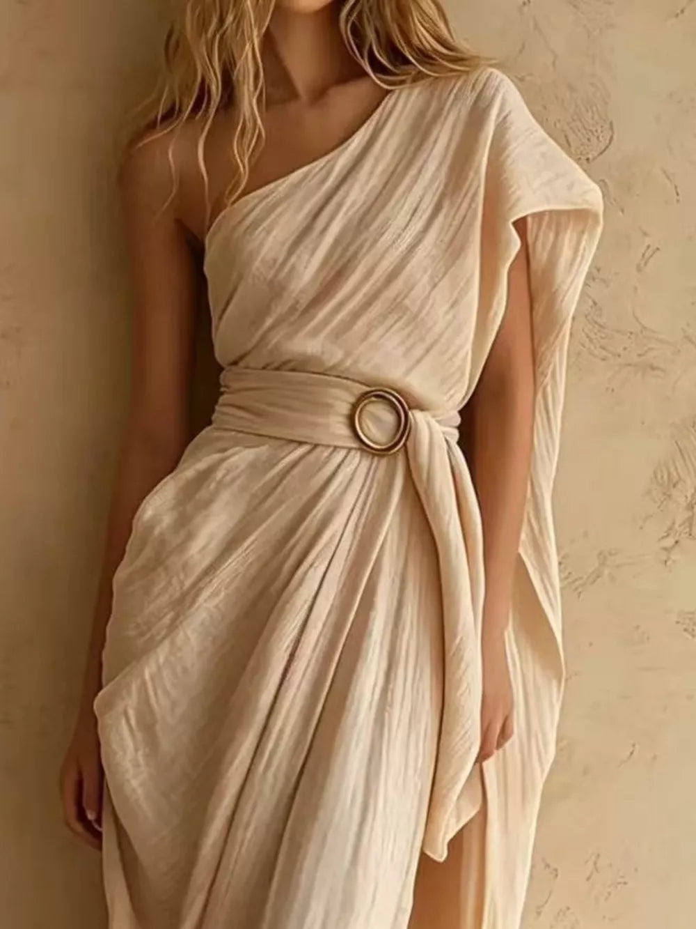 One-Shoulder Draped Maxi Dress with Waist Buckle - Tan