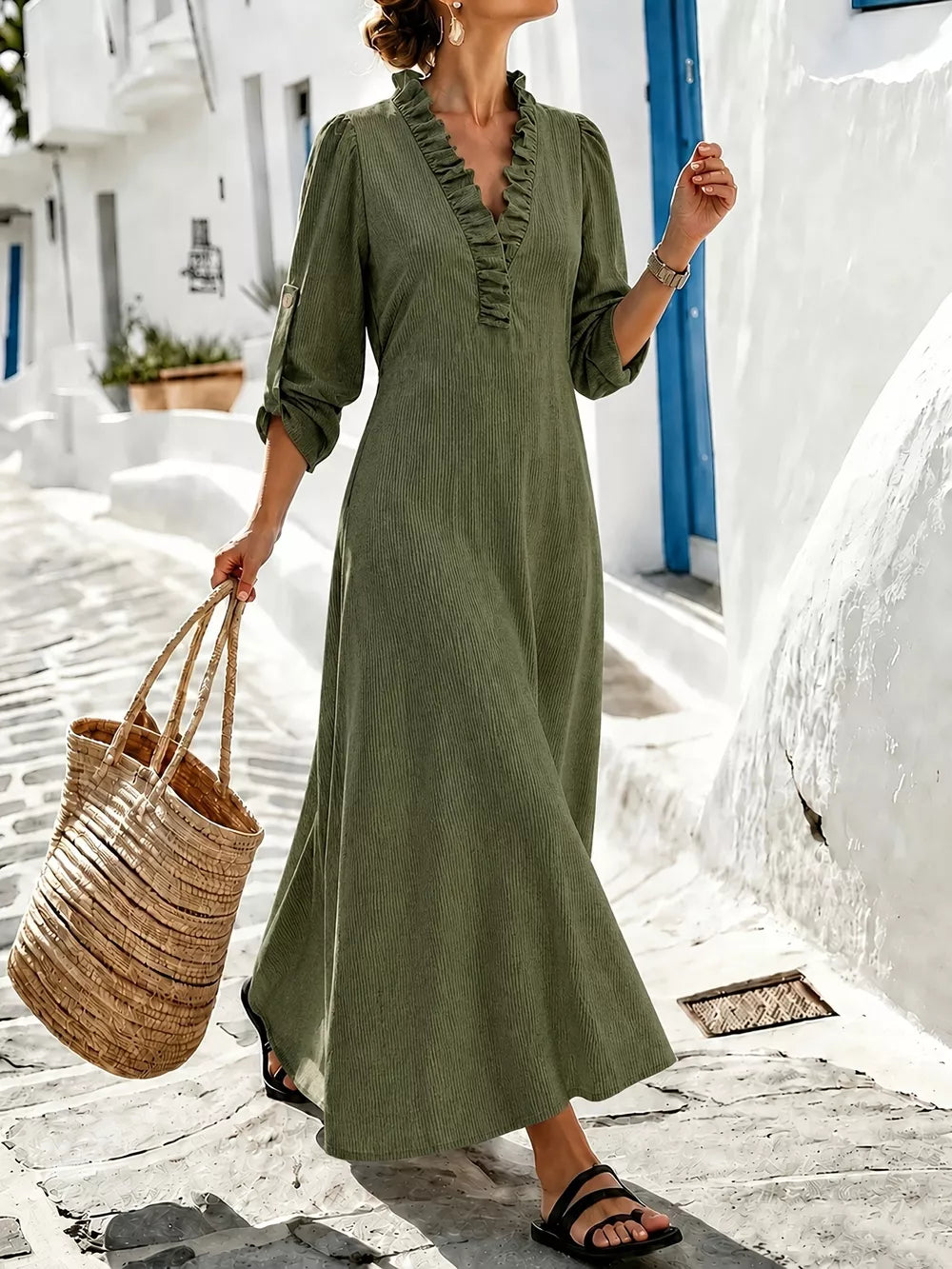 Full Size V-Neck Maxi Dress with Roll-Up Sleeves Plus Size - Green