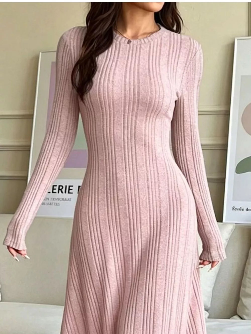 Long Sleeve Ribbed Knit Dress - Gray