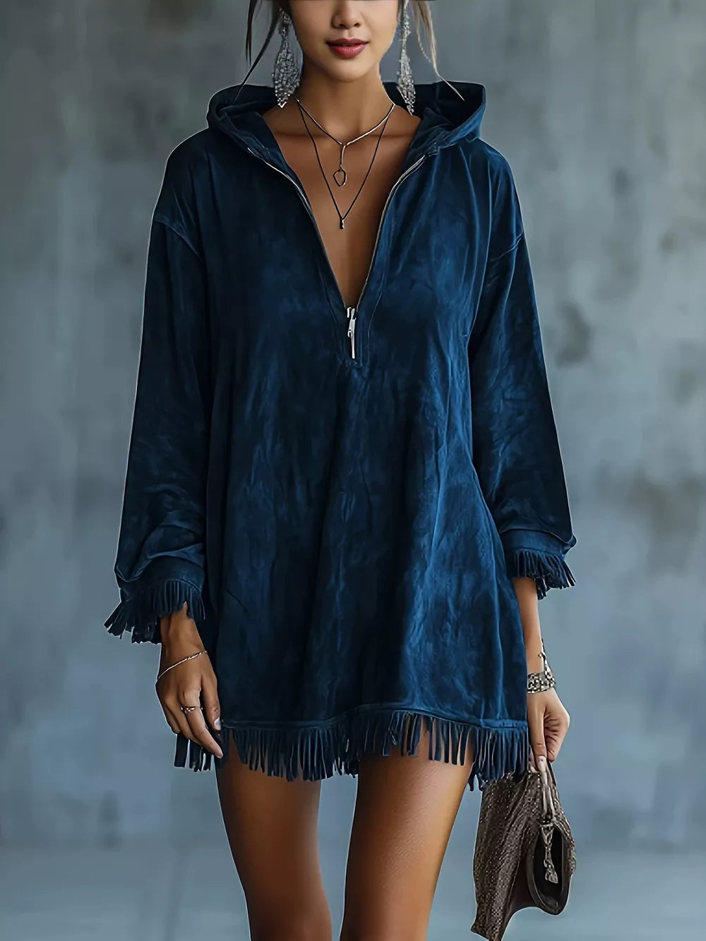 Full Size Hooded Fringed Half Zip Mini Dress Plus Size - Black