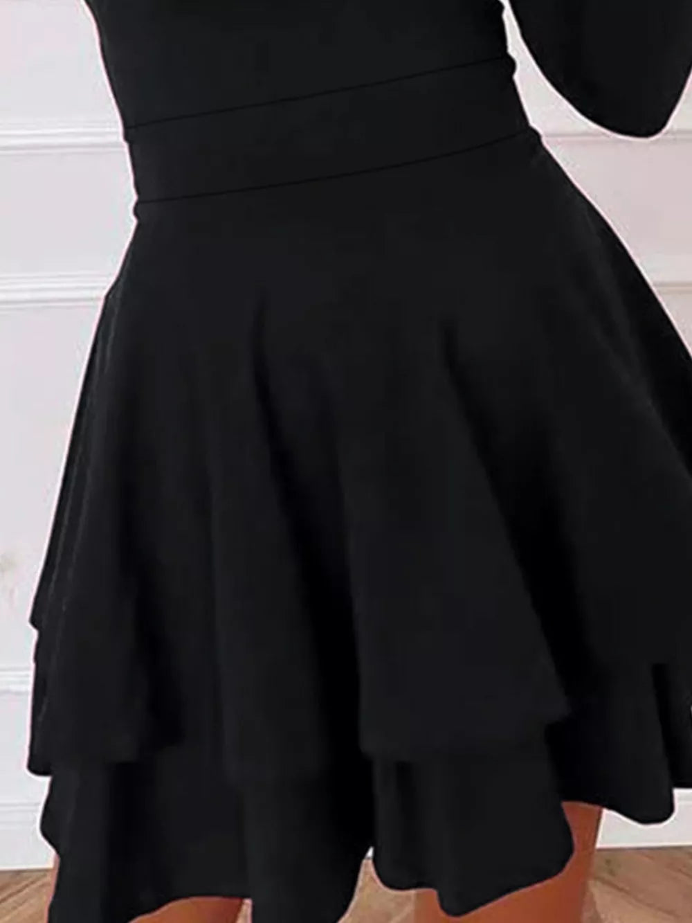 V-Neck Long Sleeve Layered Ruffle Mini Dress - Black