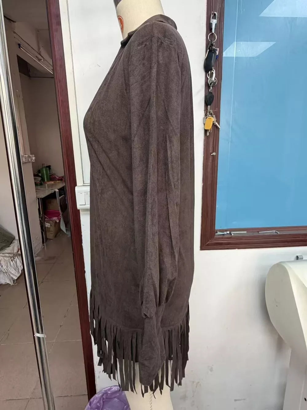 Fringed Lantern Sleeve Dress - Coffee Brown