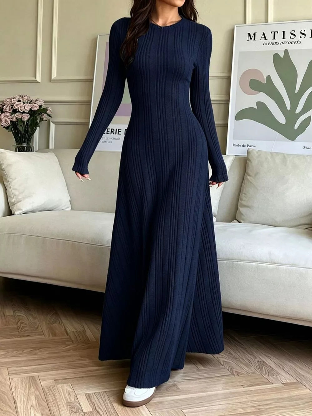 Long Sleeve Ribbed Knit Dress - White