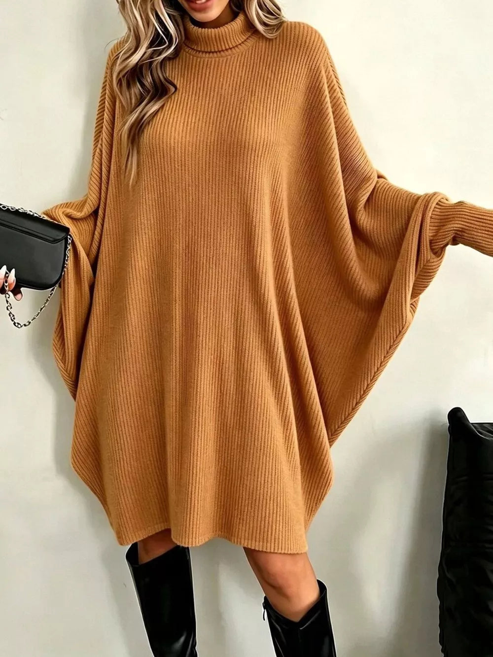 Oversized Batwing Sleeve Ribbed Knit Turtleneck Dress - Gray