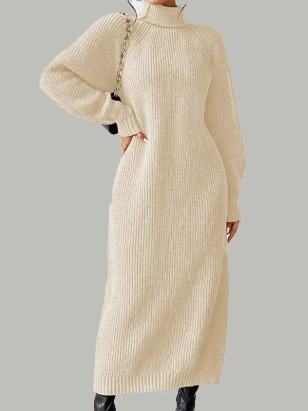 Turtleneck Ribbed Knit Midi Sweater Dress - Apricot