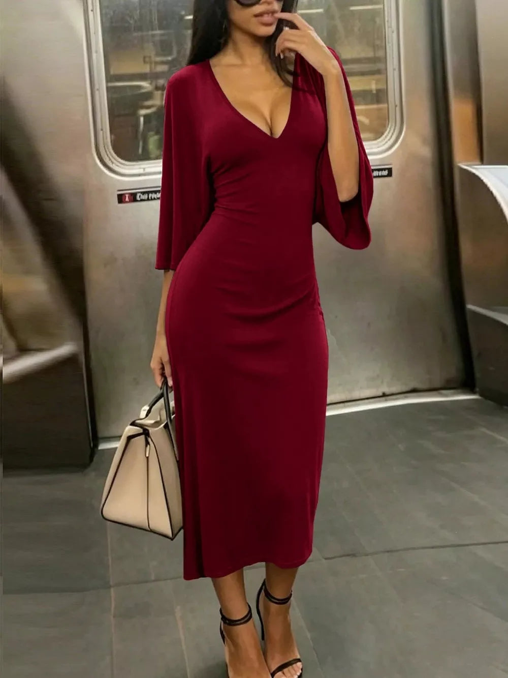 V-Neck Bodycon Midi Dress - Army Green