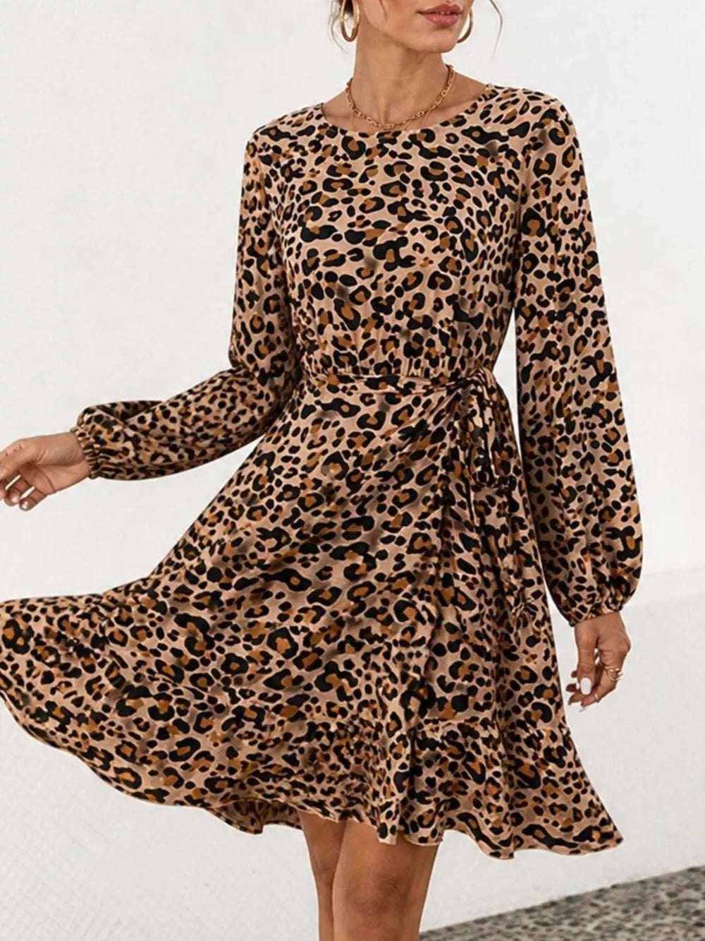 Animal Print Round Neck Mini Dress - Yellow