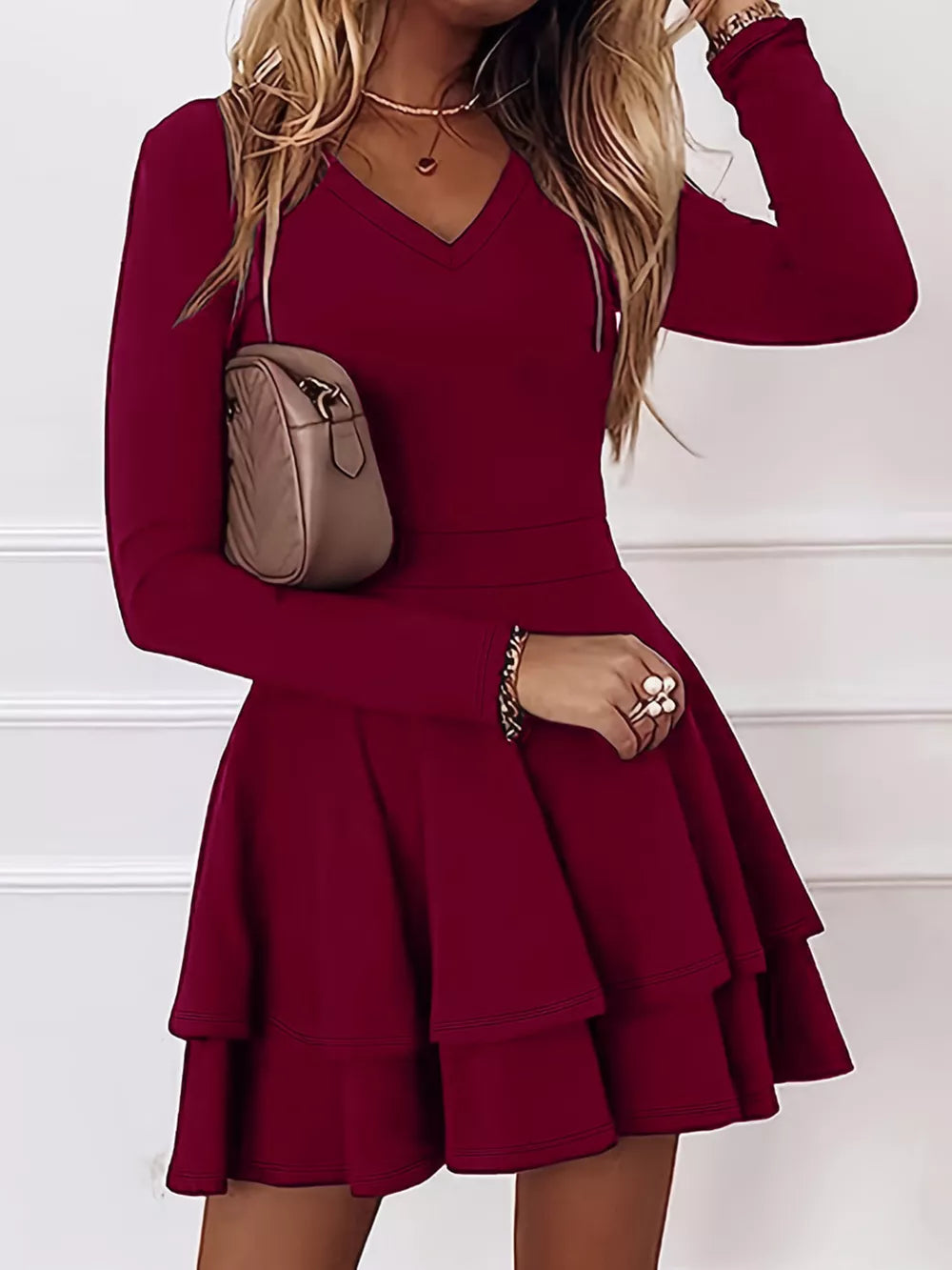 V-Neck Long Sleeve Layered Ruffle Mini Dress - Black