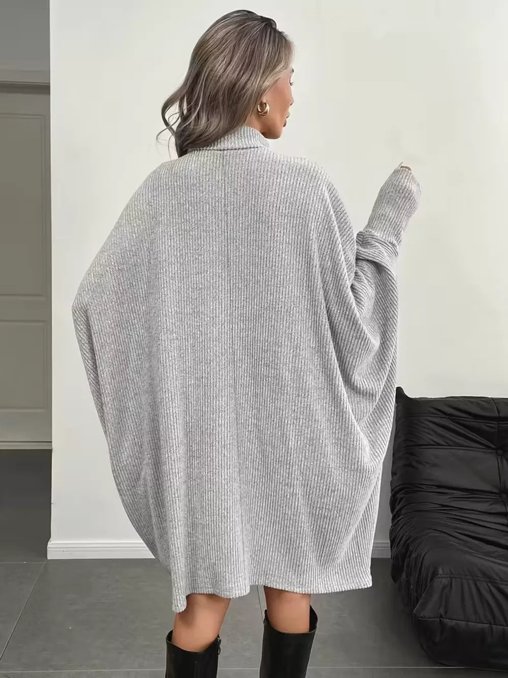 Oversized Batwing Sleeve Ribbed Knit Turtleneck Dress - Gray