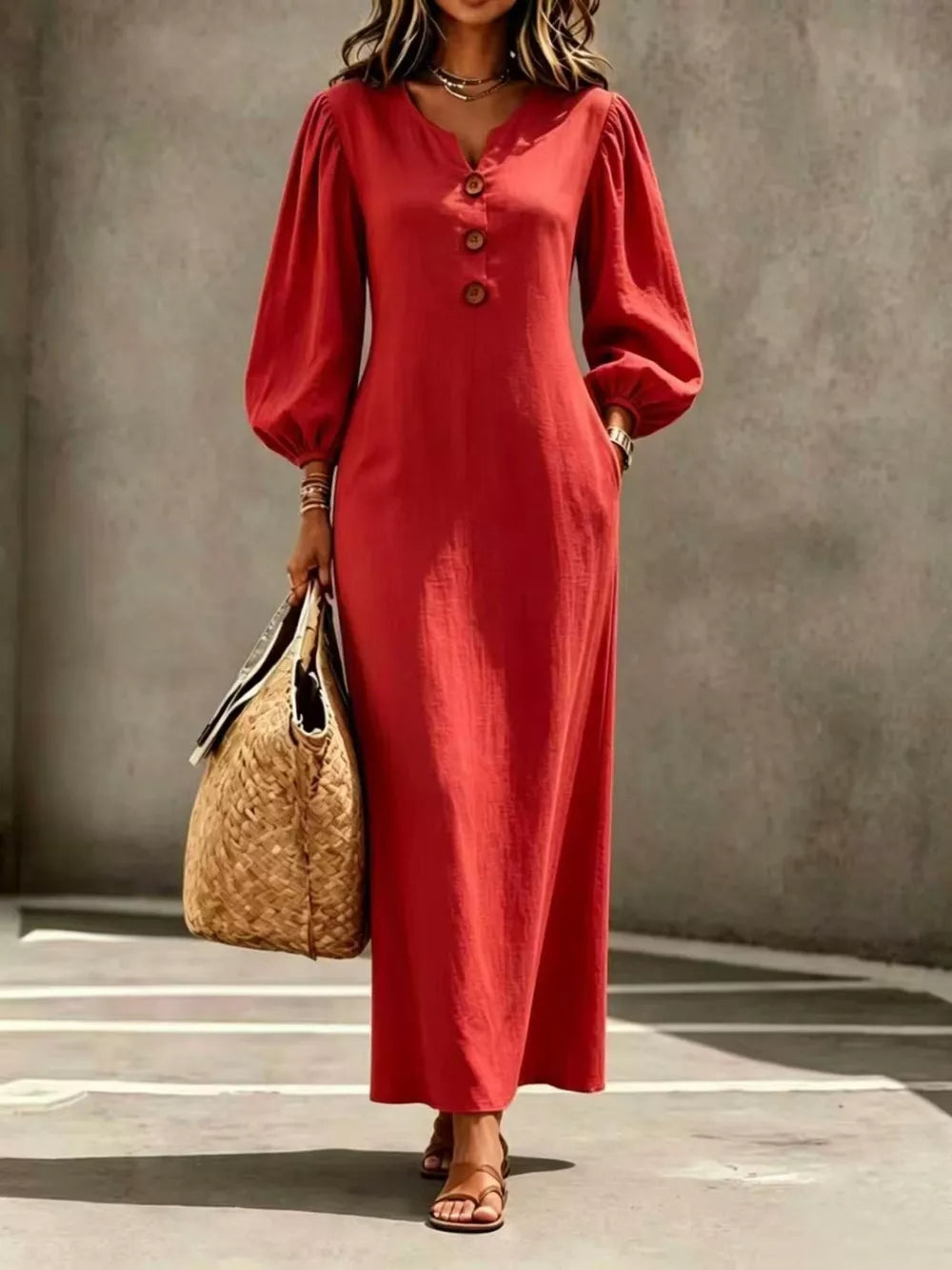 Decorative Button Balloon Sleeve Maxi Dress - Mustard