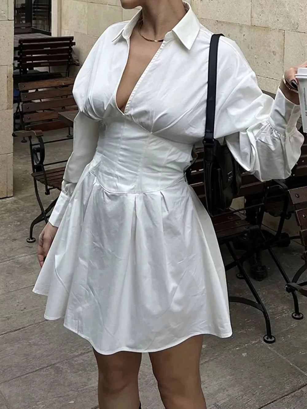 Collared Neck Lantern Sleeve Mini Dress - White