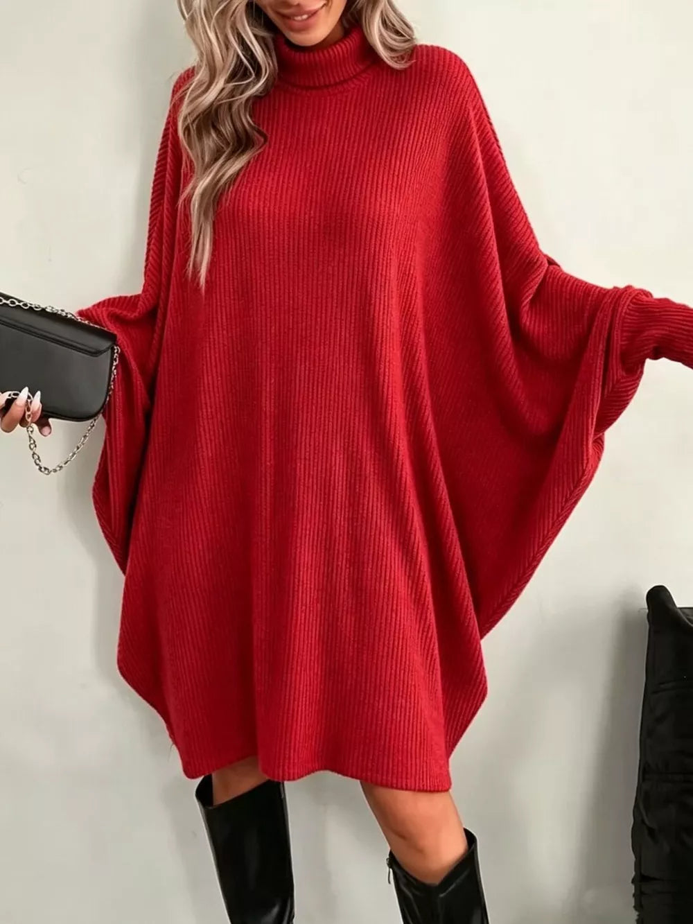 Oversized Batwing Sleeve Ribbed Knit Turtleneck Dress - Gray
