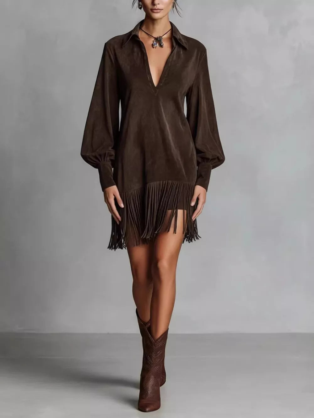Fringed Lantern Sleeve Dress - Coffee Brown
