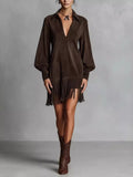 Fringed Lantern Sleeve Dress - Coffee Brown