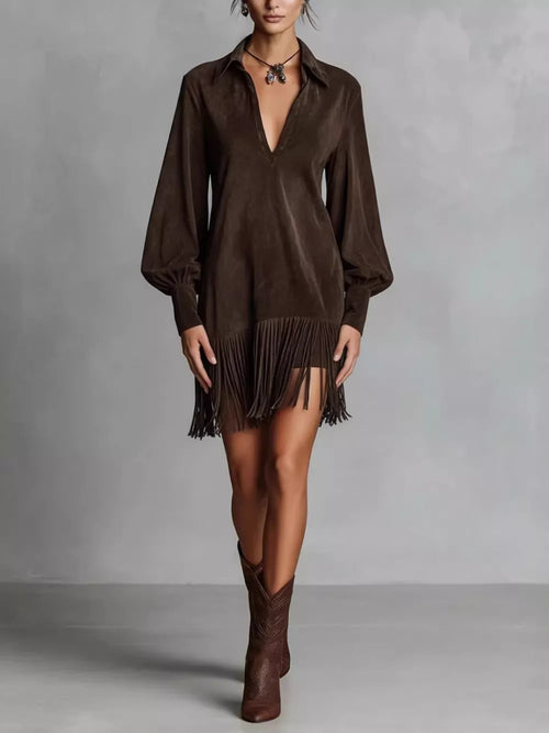 Fringed Lantern Sleeve Dress - Coffee Brown