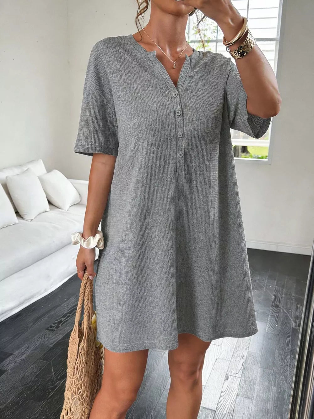 Button-Front Short Sleeve Dress - Grey