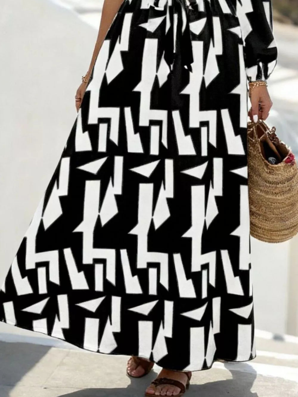 One-Shoulder Geometric Print Maxi Dress with Waist Tie - Black