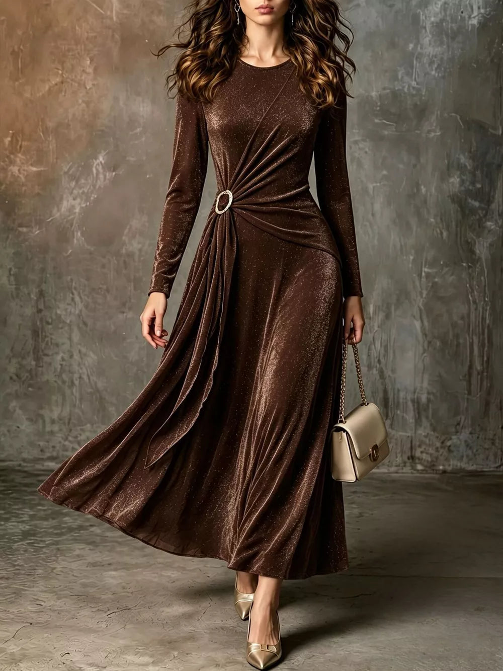 Full Size Velvet Long-Sleeve Maxi Dress with Ring Detail Plus Size - Pink
