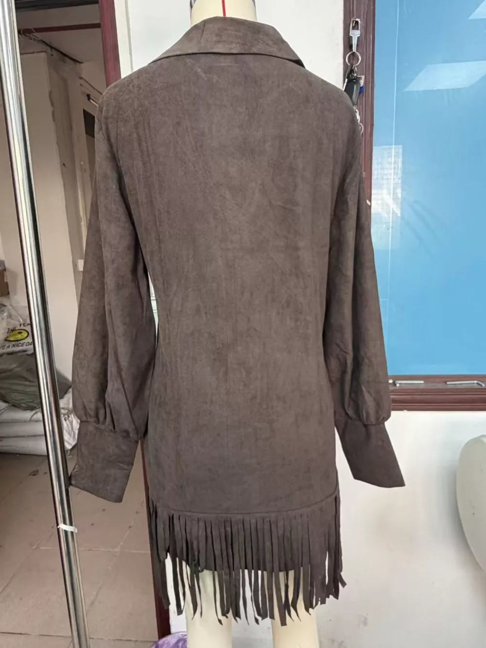 Fringed Lantern Sleeve Dress - Coffee Brown