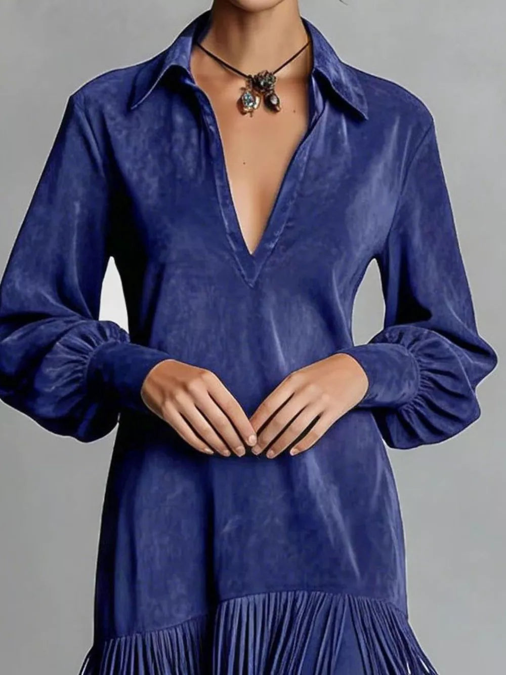 Fringed Lantern Sleeve Dress - Brown